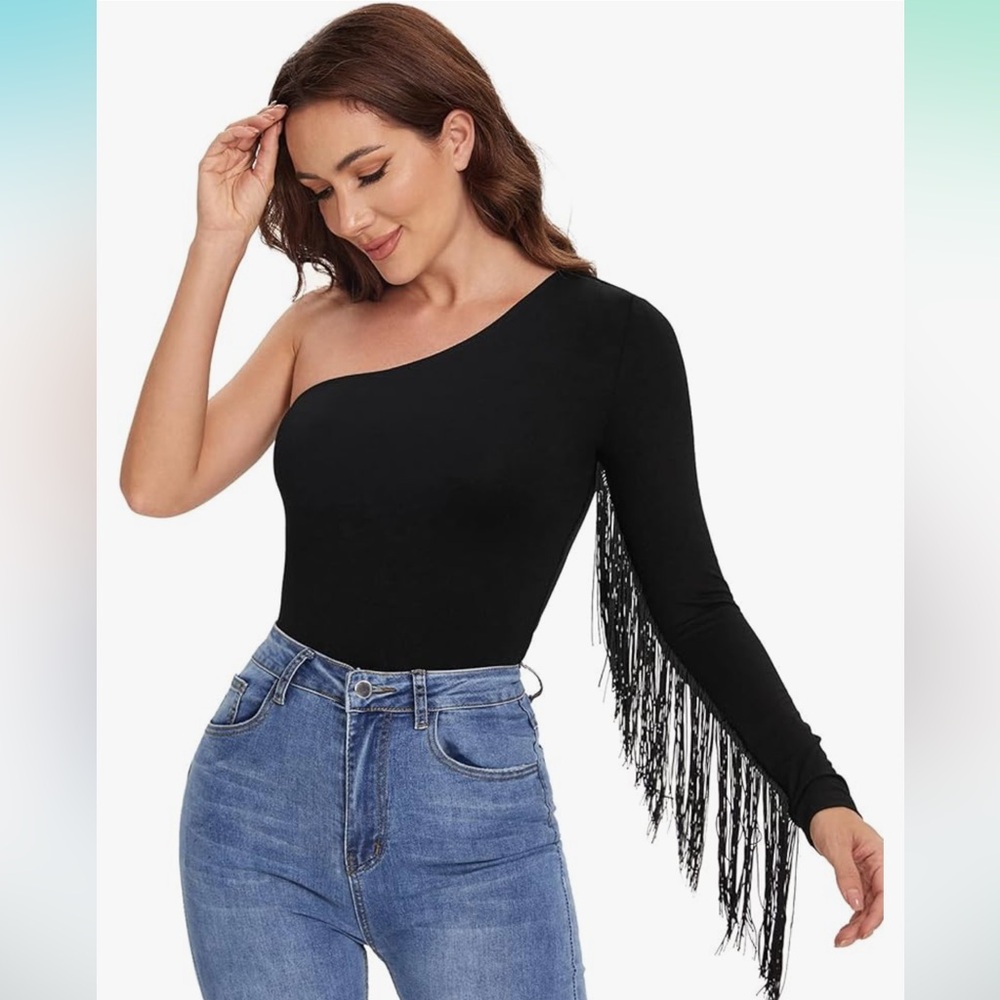 Verdusa Women's Fringe Trim One Shoulder Long Sleeve Fitted Top in Black Sz: S